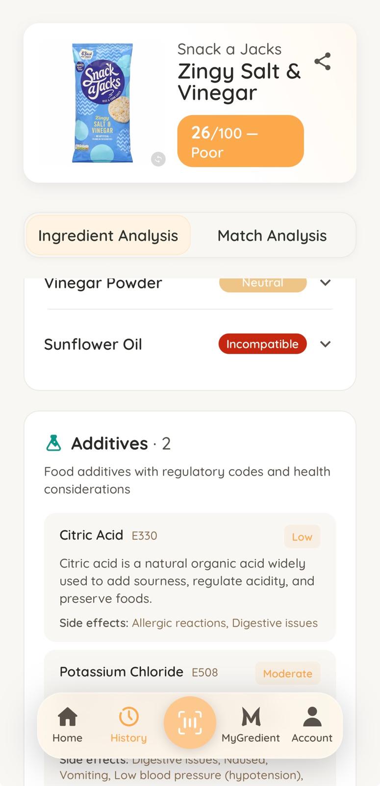 MyGredient ingredient analysis screen