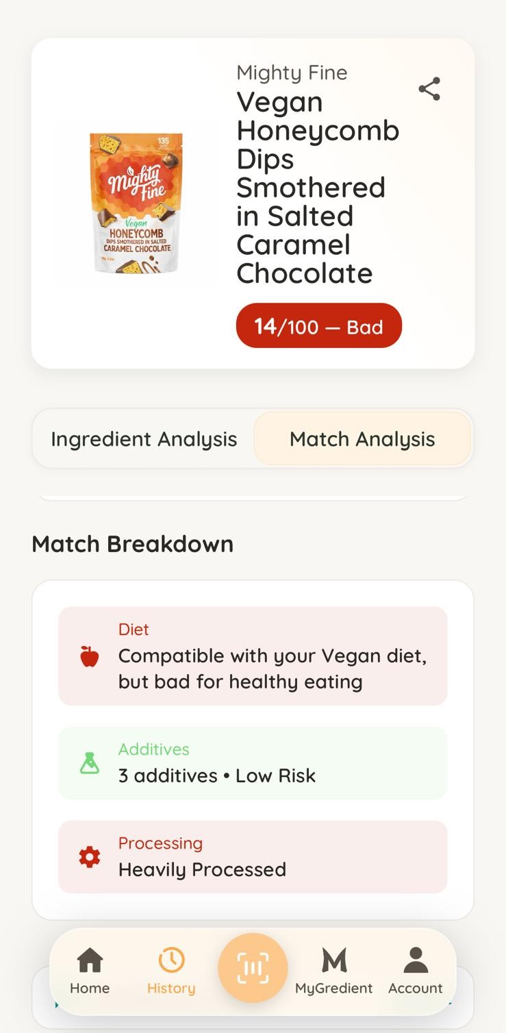 MyGredient match analysis screen