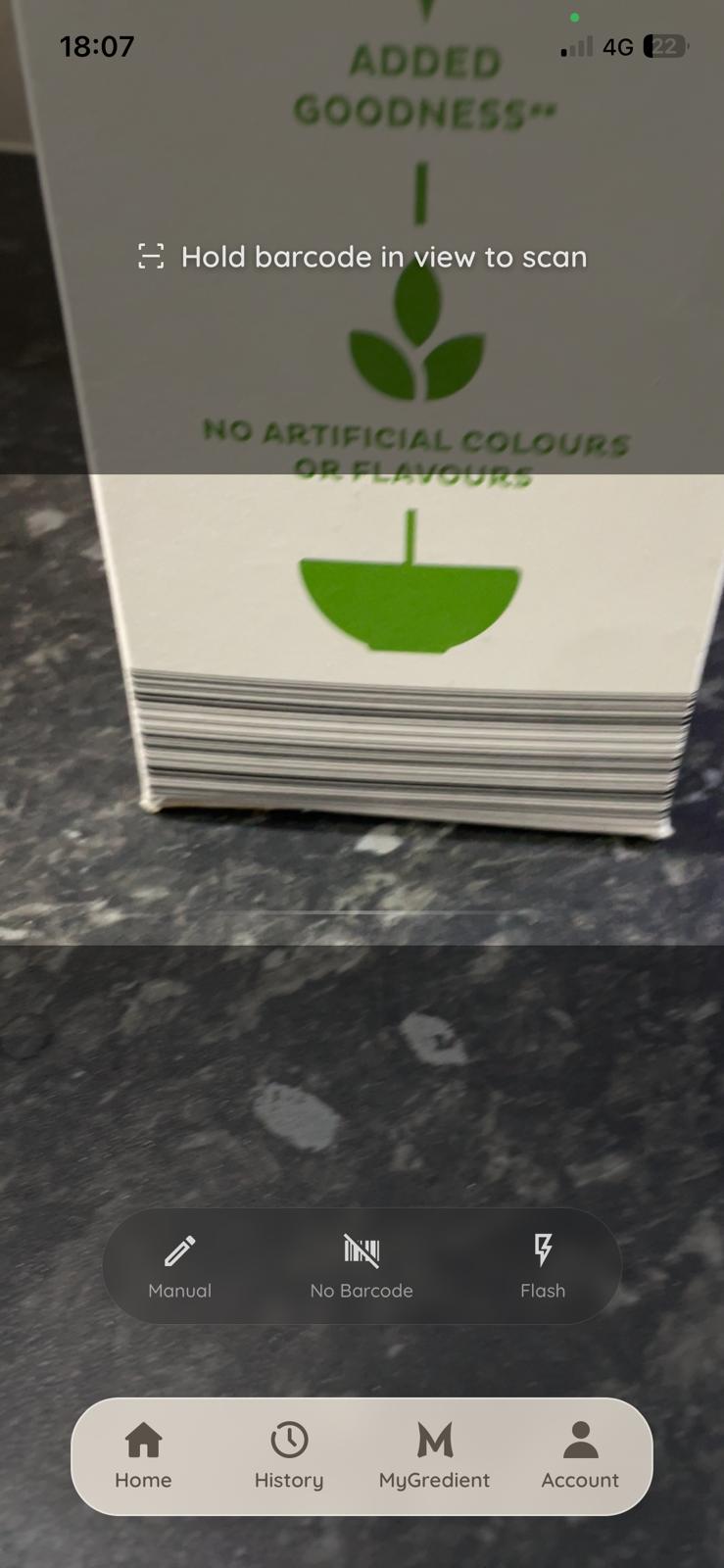 Scanning a product barcode in the MyGredient app