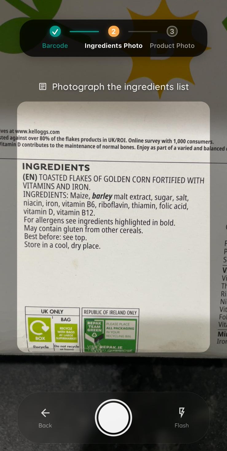 Capturing an ingredients list on a product